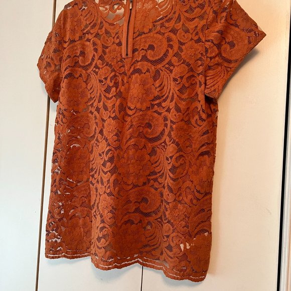 Loft Orange All Over Lace Short Sleeve Blouse - Medium - Picture 3 of 4